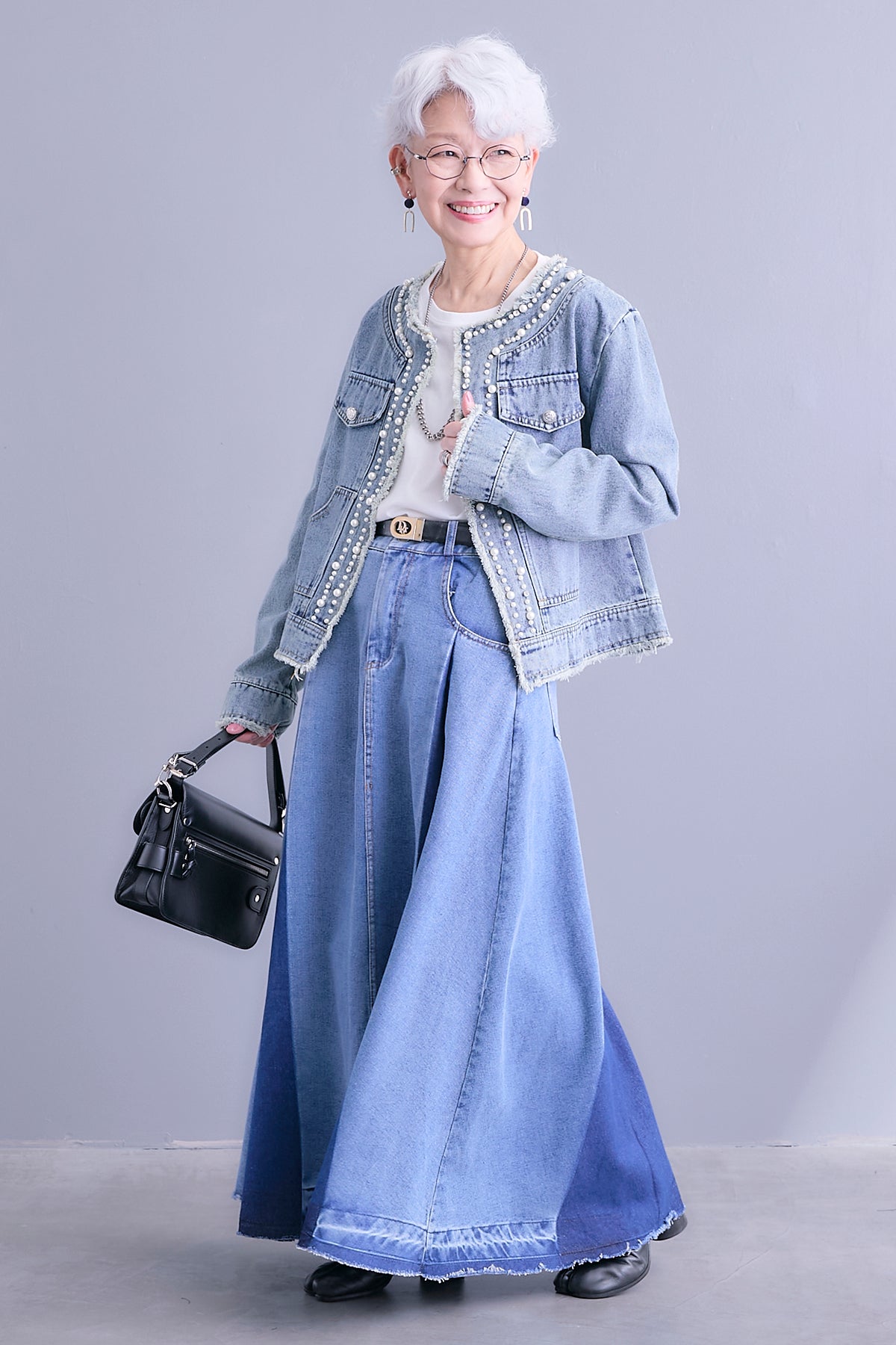 SET】ビジューノーカラーデニムジャケット+プリーツタックデニム