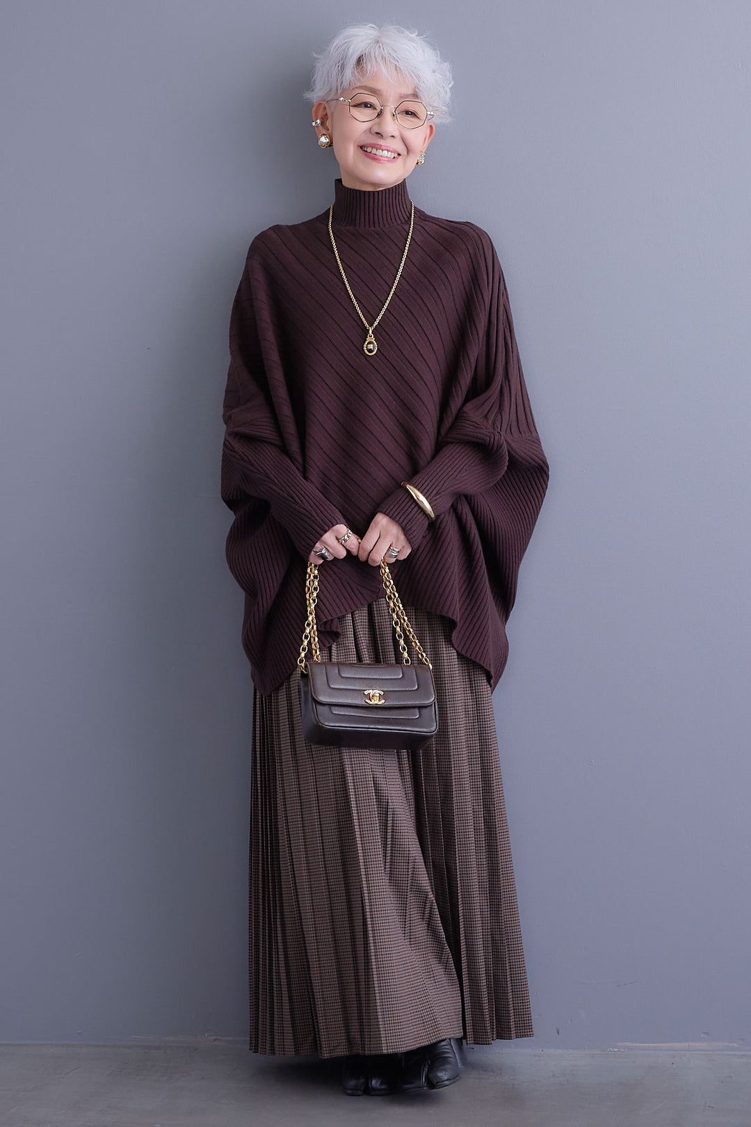 【SET】ワイドリブドルマンニット+グレンチェックプリーツスカート(2set)