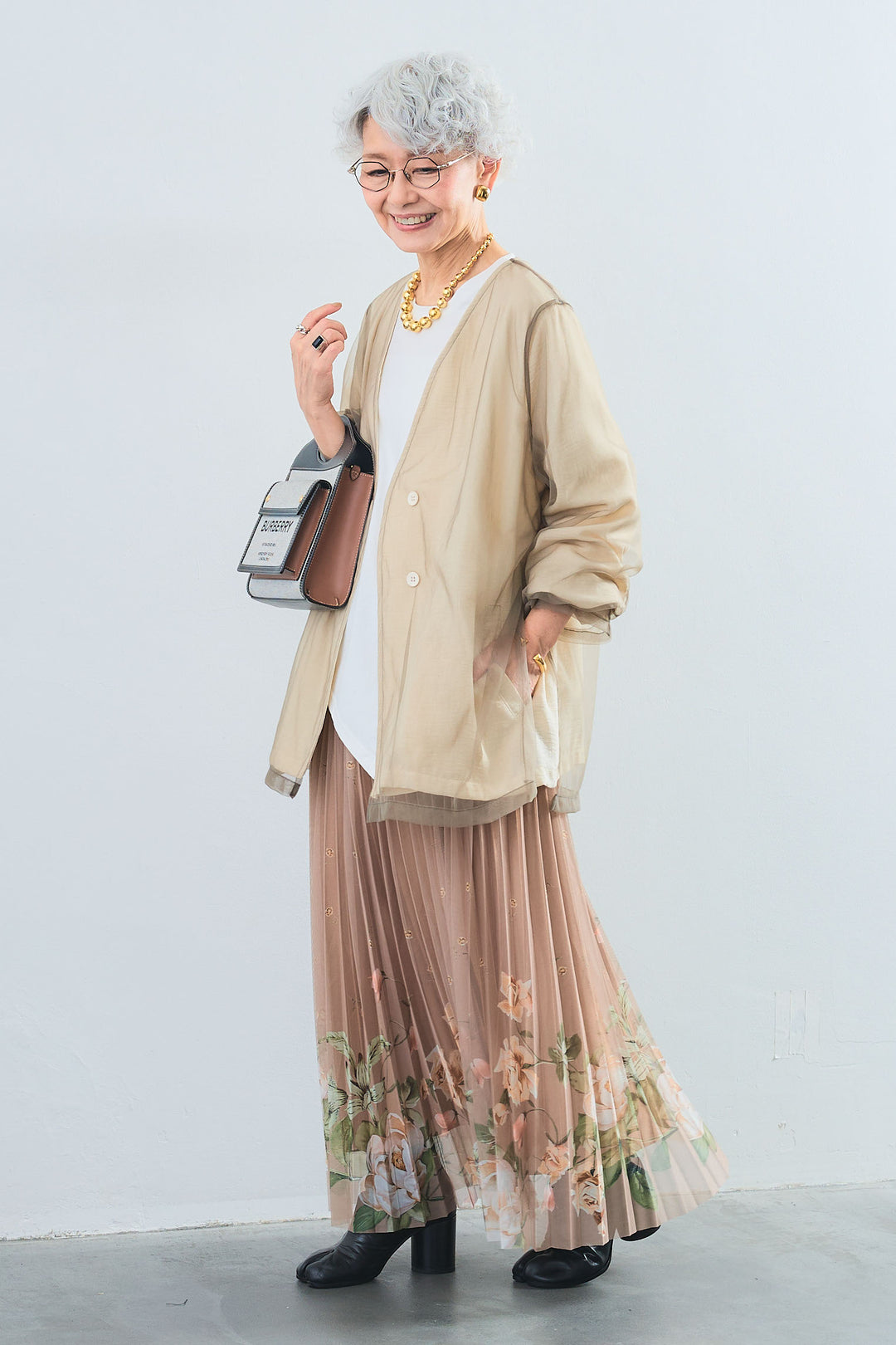 【SET】アシンメトリーロンT+チュールレイヤードノーカラージャケット+シアーフラワープリーツスカート(3set)