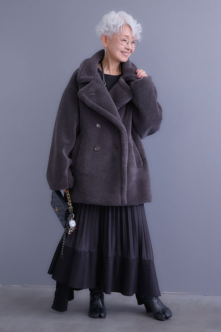 【SET】アシンメトリーロンT+テディボアミディコート+アシンメトリープリーツスカート(3set)