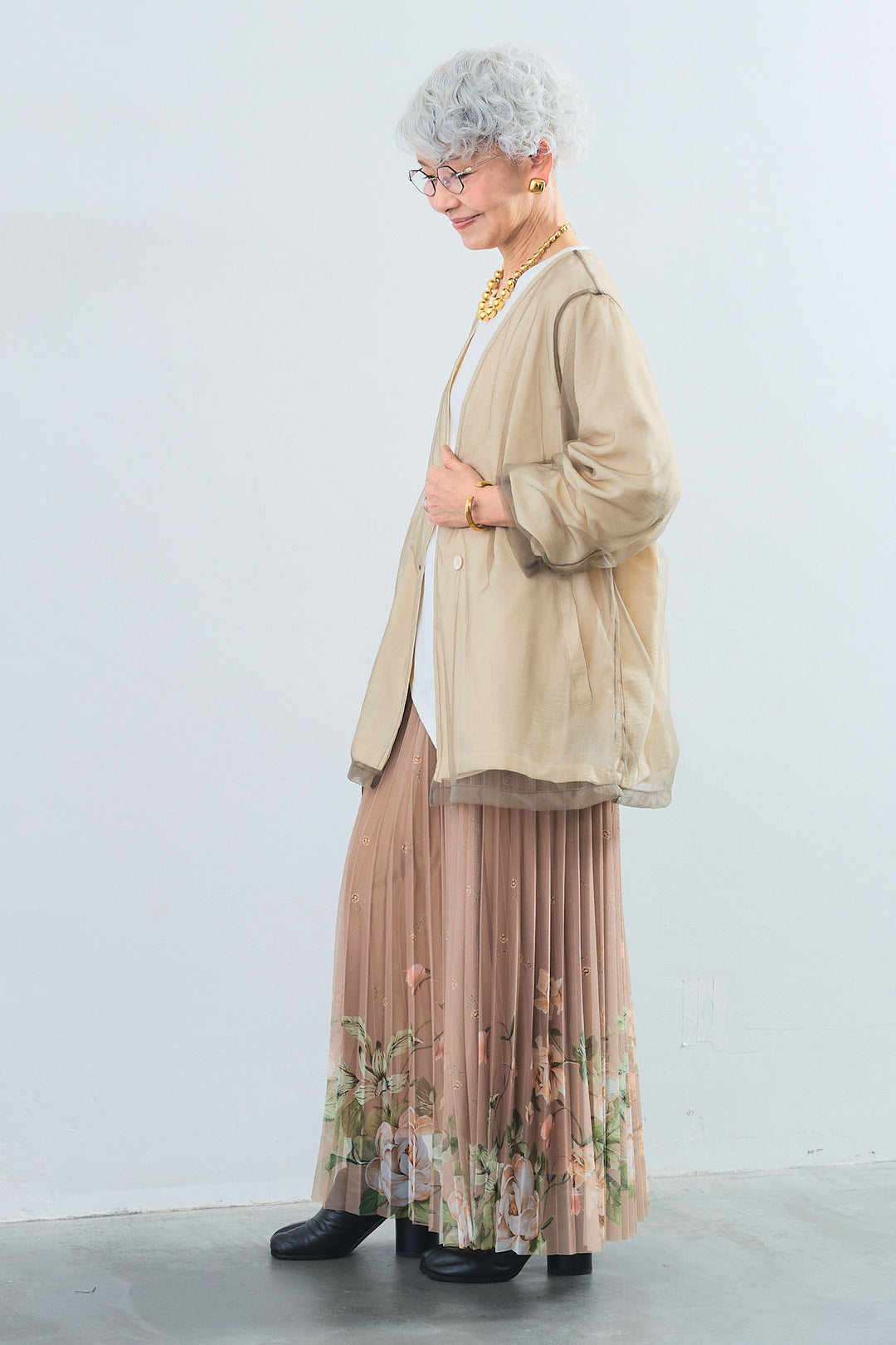 【SET】アシンメトリーロンT+チュールレイヤードノーカラージャケット+シアーフラワープリーツスカート(3set)