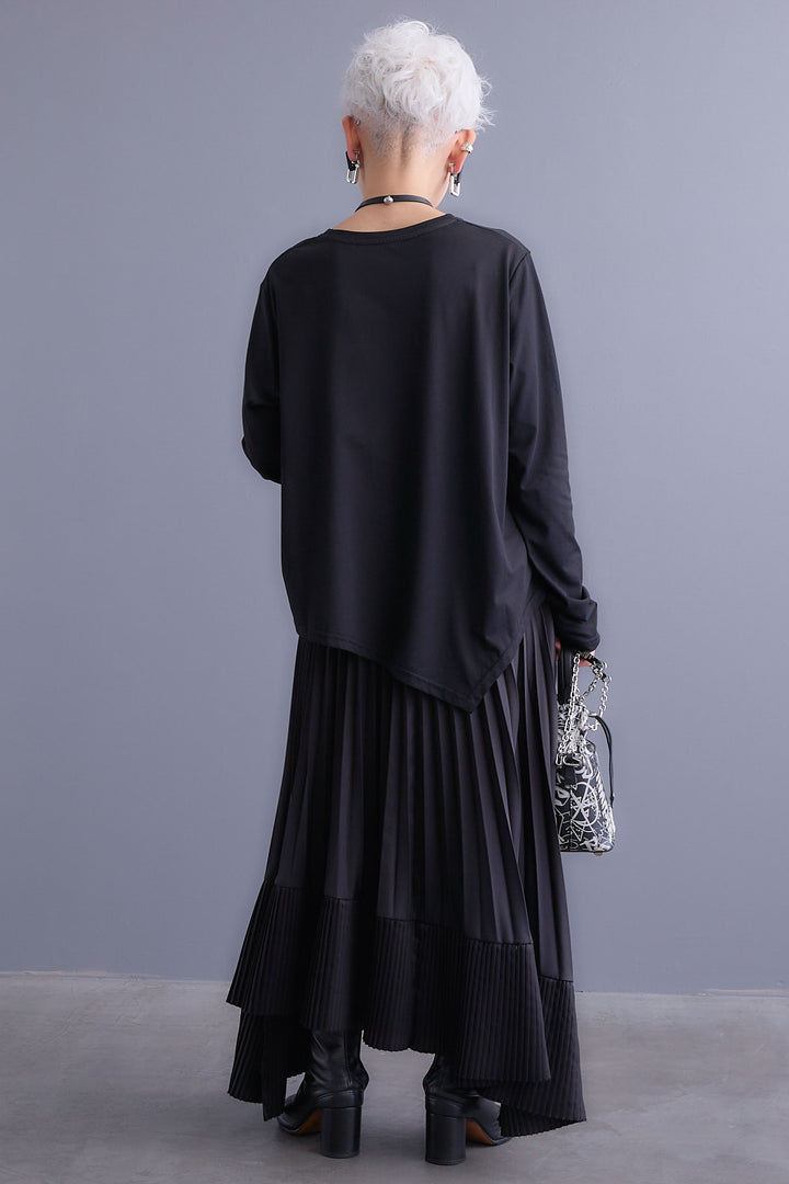 【SET】アシンメトリーロンT+アシンメトリープリーツスカート(2set)