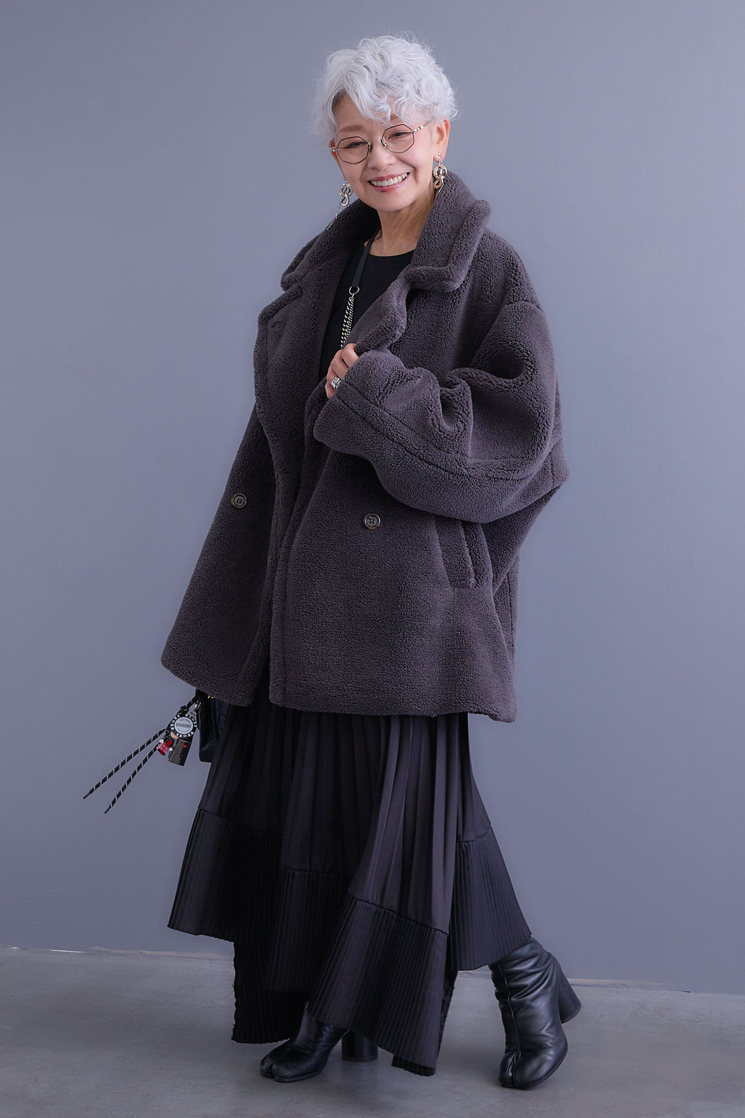 【SET】アシンメトリーロンT+テディボアミディコート+アシンメトリープリーツスカート(3set)