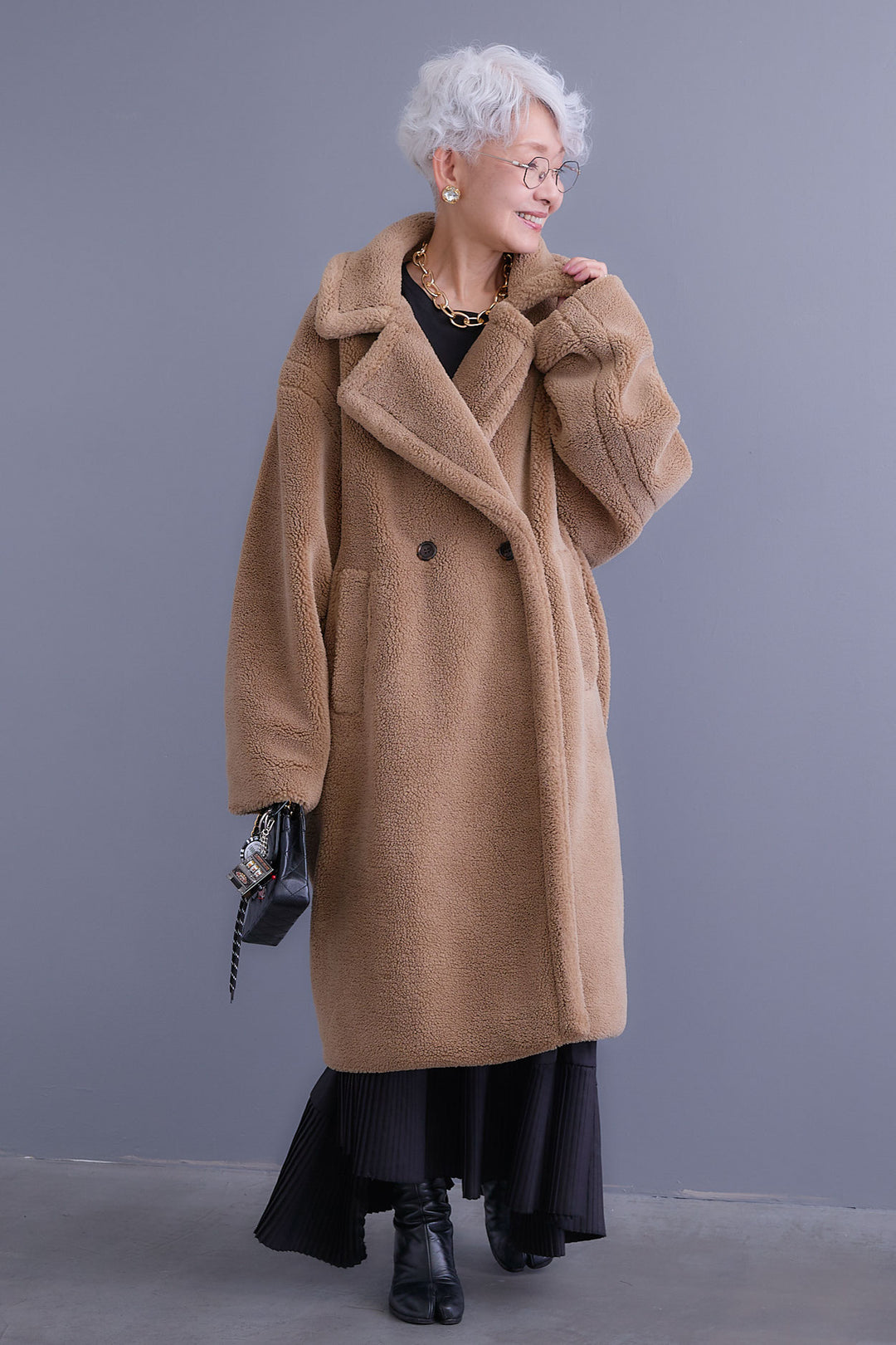 【SET】アシンメトリーロンT+テディボアロングコート+アシンメトリープリーツスカート(3set)