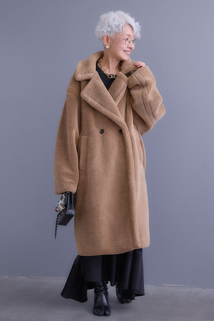 【SET】アシンメトリーロンT+テディボアロングコート+アシンメトリープリーツスカート(3set)