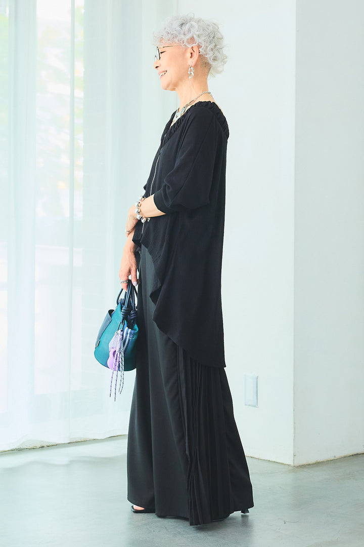 【SET】ギャザーネックロングテールZIPブラウス+サイドプリーツワイドパンツ(2set)