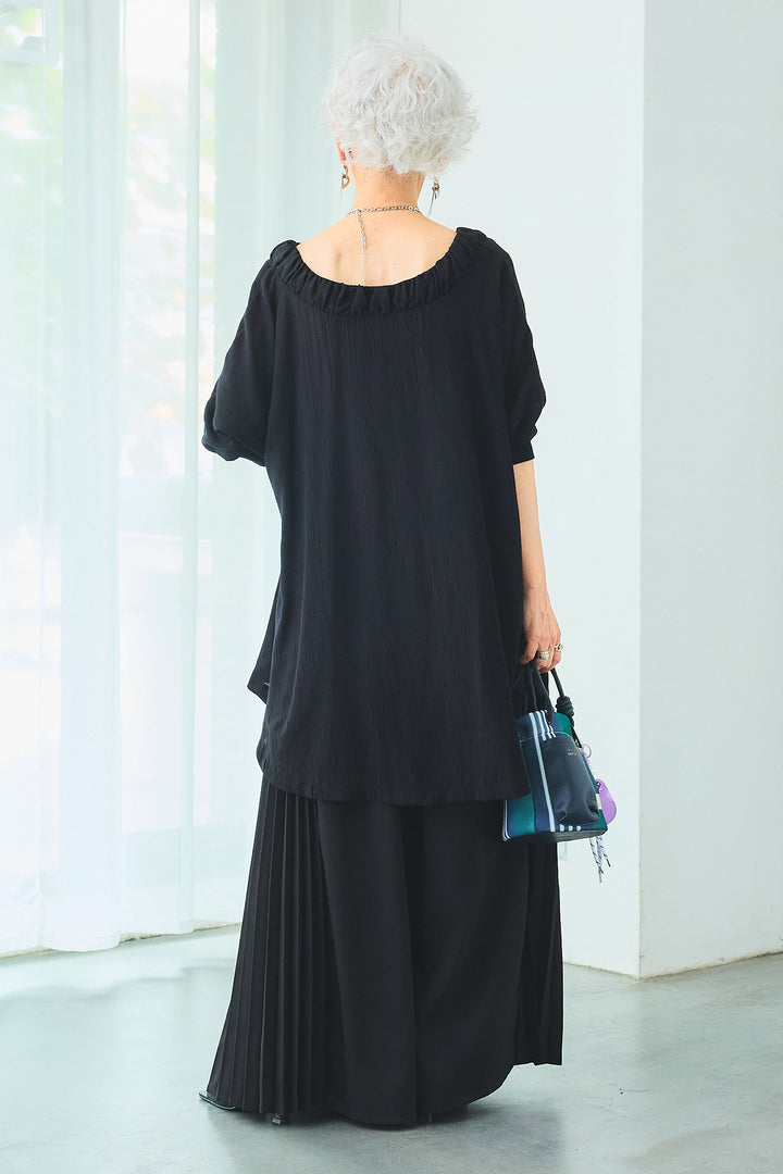 【SET】ギャザーネックロングテールZIPブラウス+サイドプリーツワイドパンツ(2set)