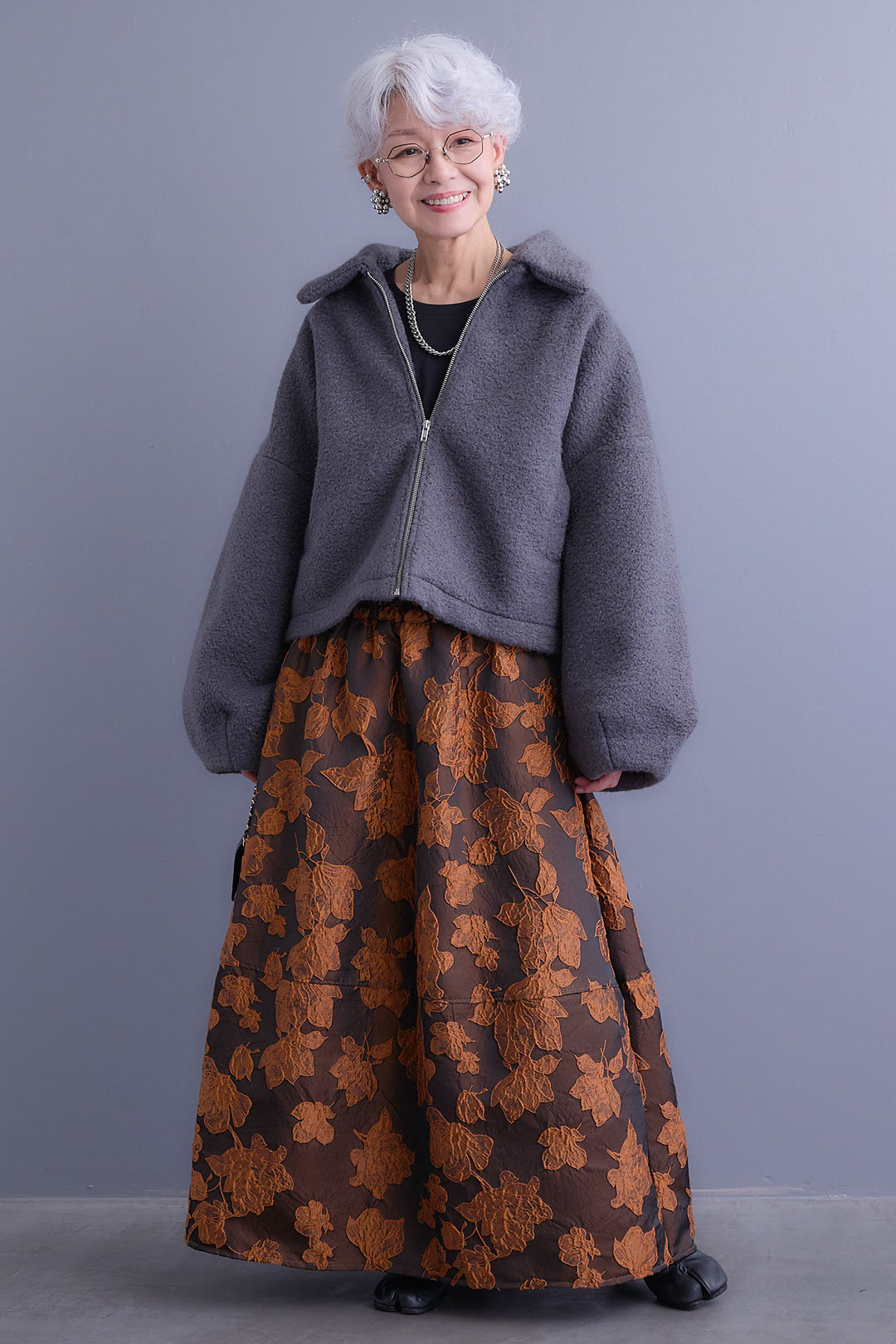 【SET】シープボアボリュームスリーブジャケット+ジャガードフラワースカート(2set)