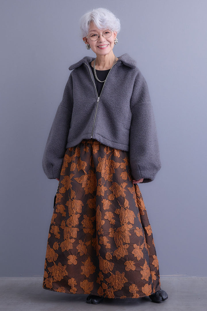 【SET】シープボアボリュームスリーブジャケット+ジャガードフラワースカート(2set)