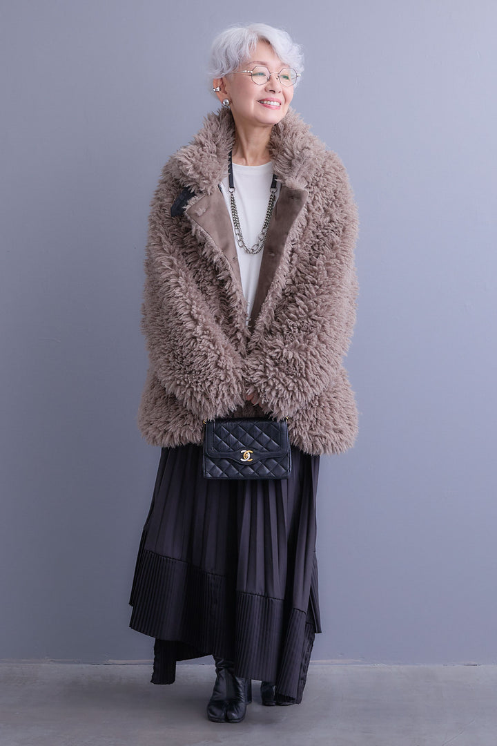 【SET】アシンメトリーロンT+プードルボア2WAYカラーコート+アシンメトリープリーツスカート(3set)