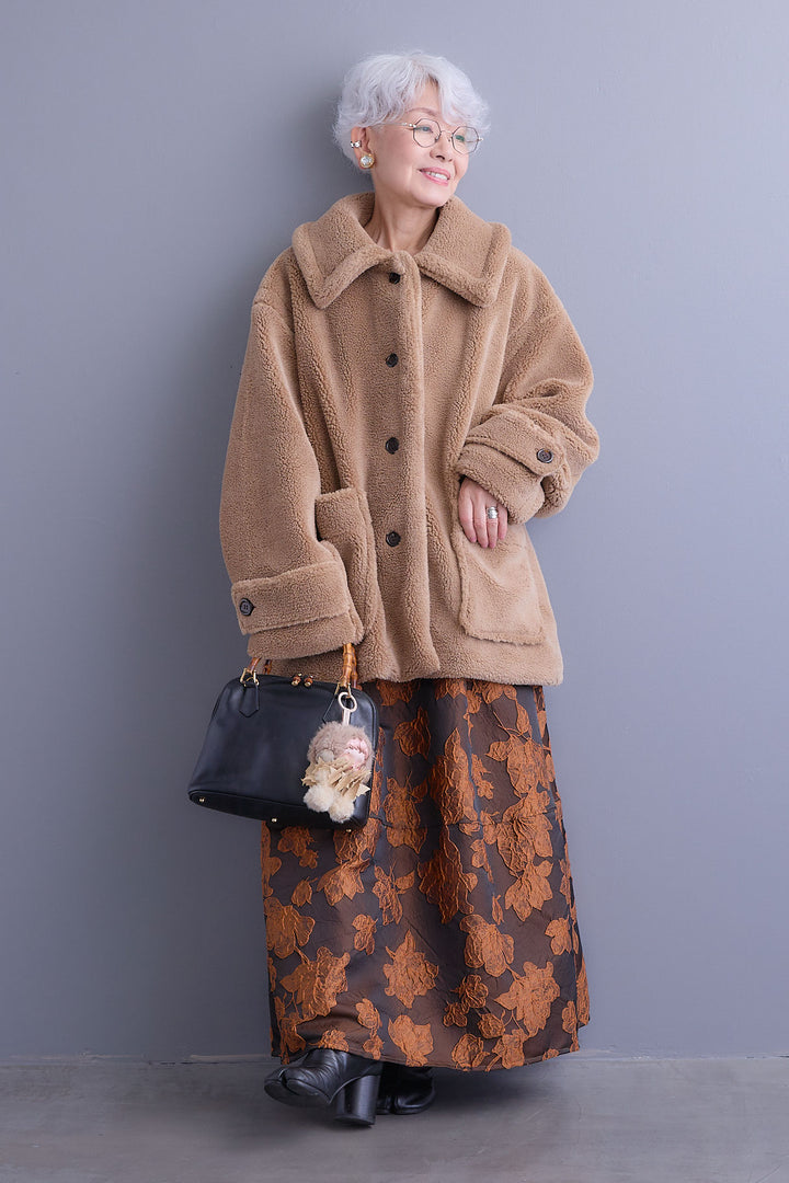 【SET】テディボアフラットカラーコート+ジャガードフラワースカート(2set)