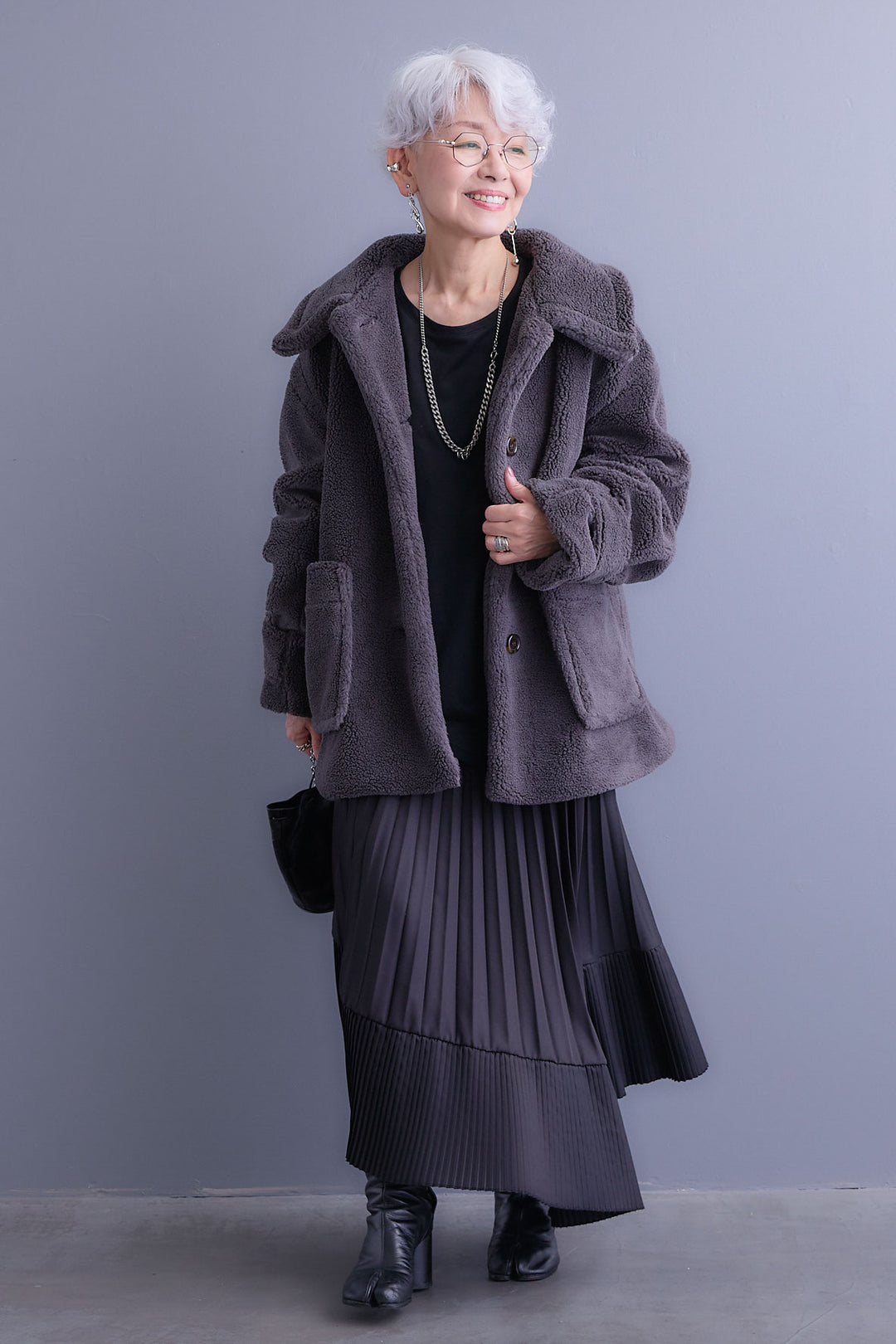 【SET】テディボアフラットカラーコート+アシンメトリープリーツスカート(2set)