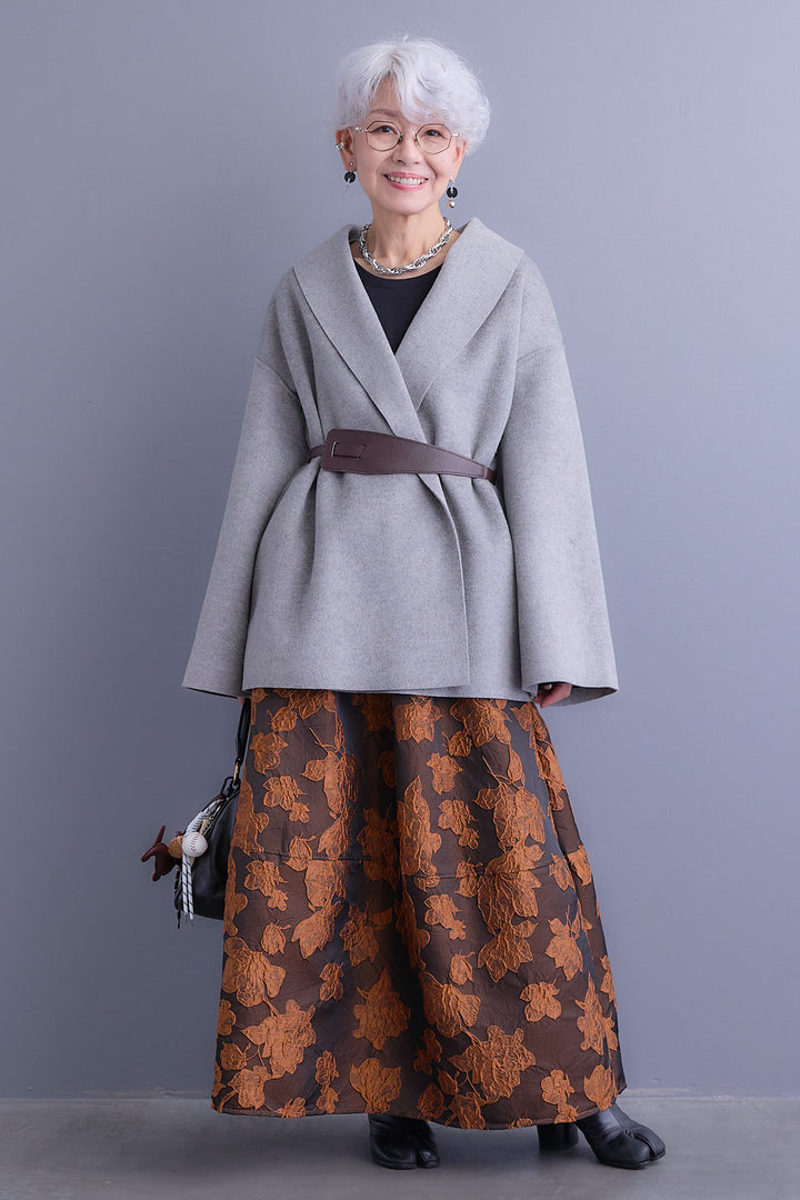 【SET】メルトンソフトショールカラーコート【ベルト付き】+ジャガードフラワースカート(2set)