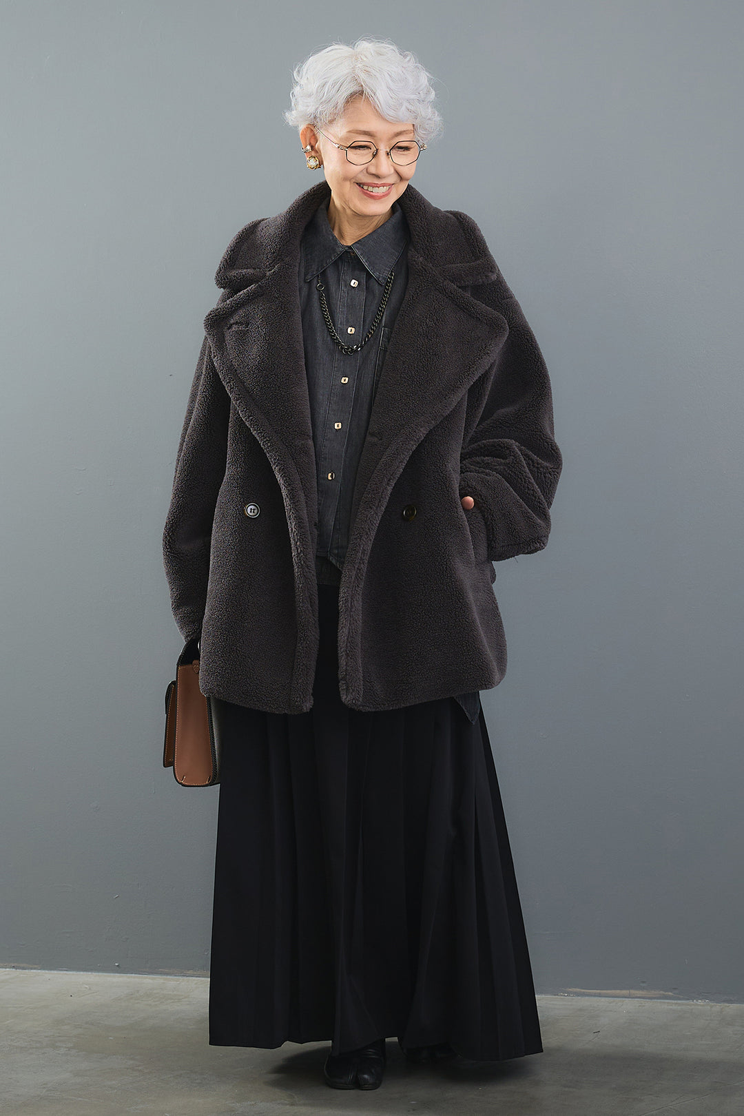 【SET】ヴィンテージアシンメトリーデニムシャツ+テディボアミディコート+デニムドッキングプリーツスカート(3set)