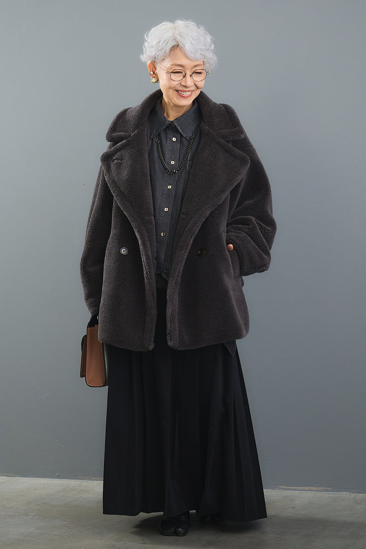 【SET】ヴィンテージアシンメトリーデニムシャツ+テディボアミディコート+デニムドッキングプリーツスカート(3set)