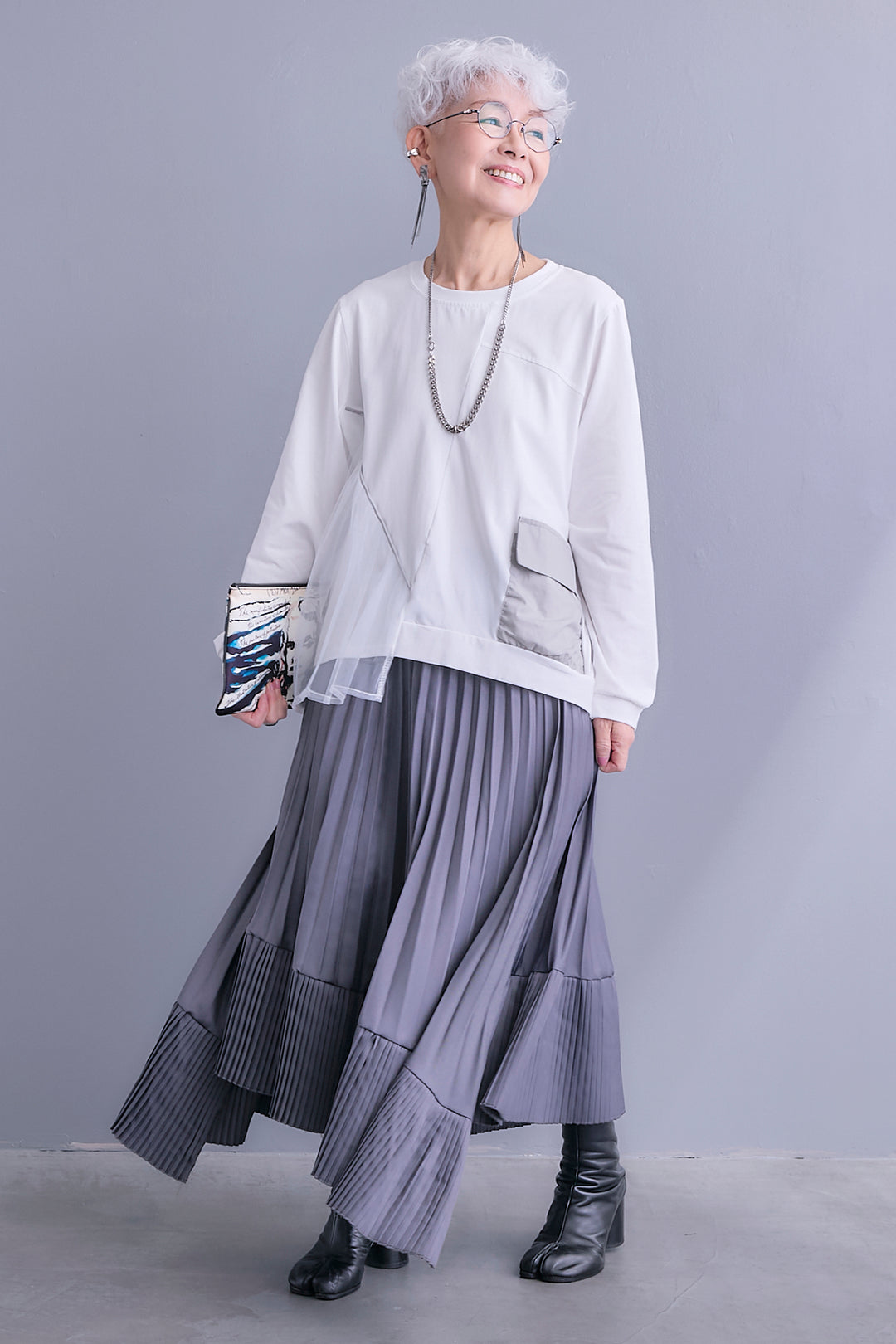 【SET】チュールギャザーアシメポケットプルオーバー+アシンメトリープリーツスカート(2set)