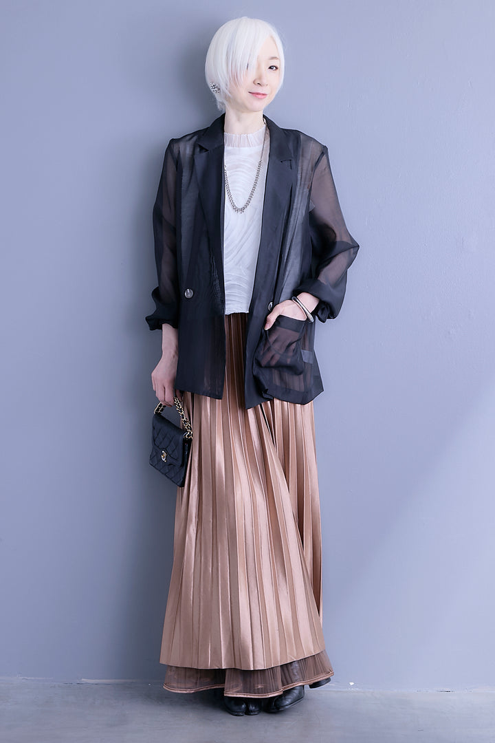 【SET】シアーポプリンダブルテーラードジャケット+ウェーブモチーフスタンドネックブラウス+2WAYラメサテンプリーツ×シアーティアードチュールスカート(3set)