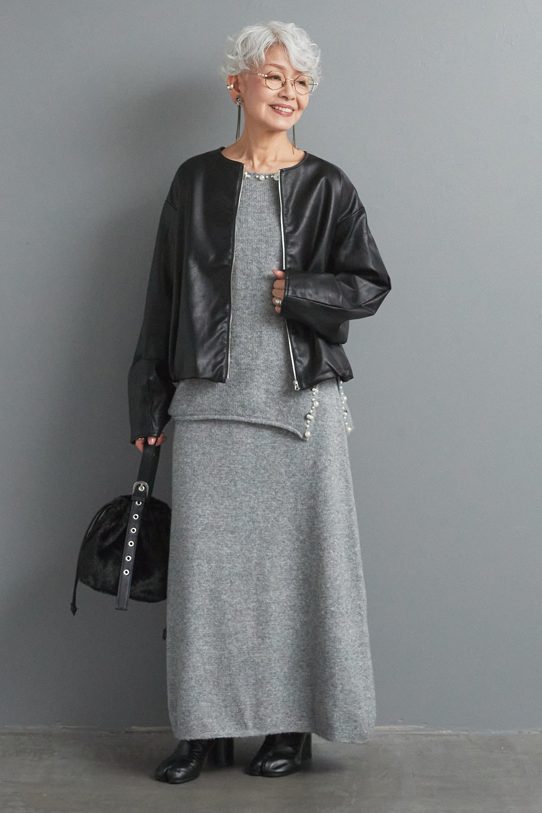 【SET】ビジューニットセットアップ+ラウンドシルエットエコレザーノーカラージャケット(2set)