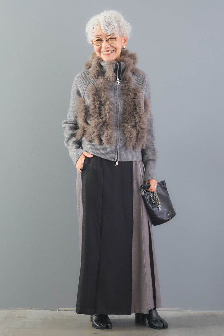 【SET】アレンジネックファーZIPニット+ブラッシュツイルバイカラーラップワイドパンツ(2set)