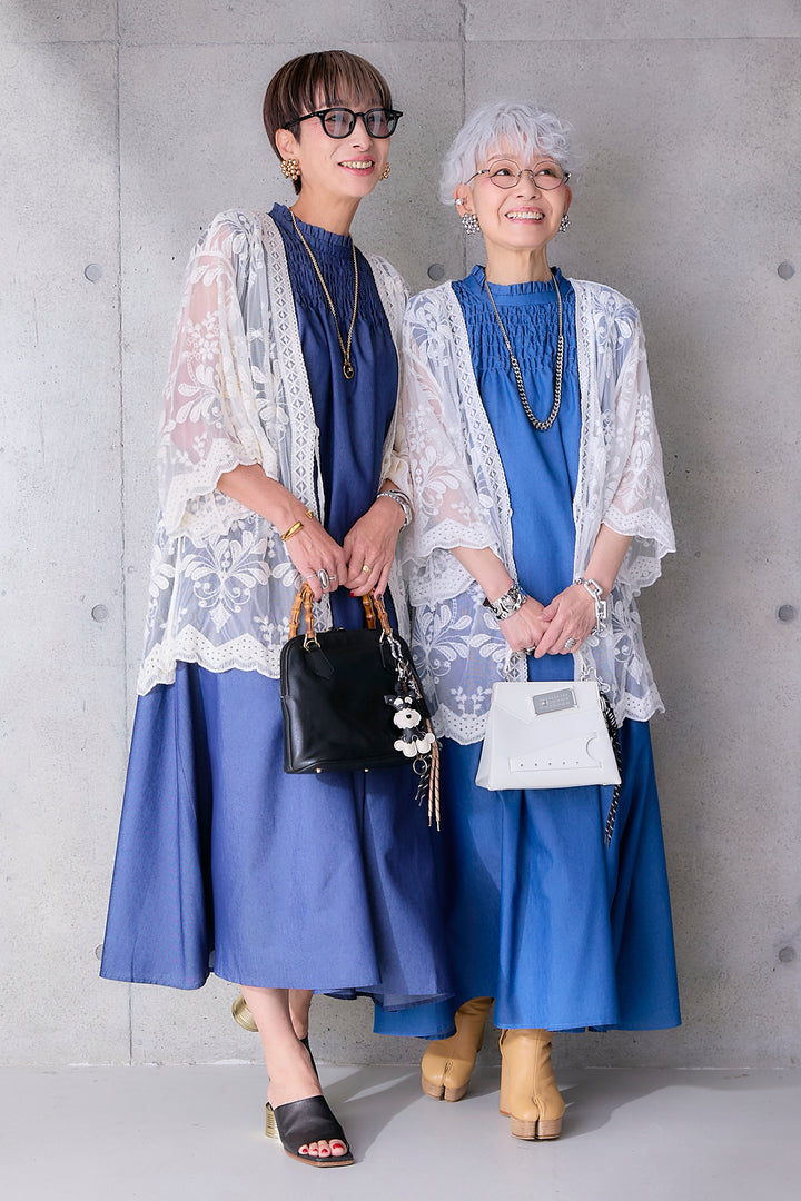 【予約】ソフトデニムシャーリングスタンドネックワンピース