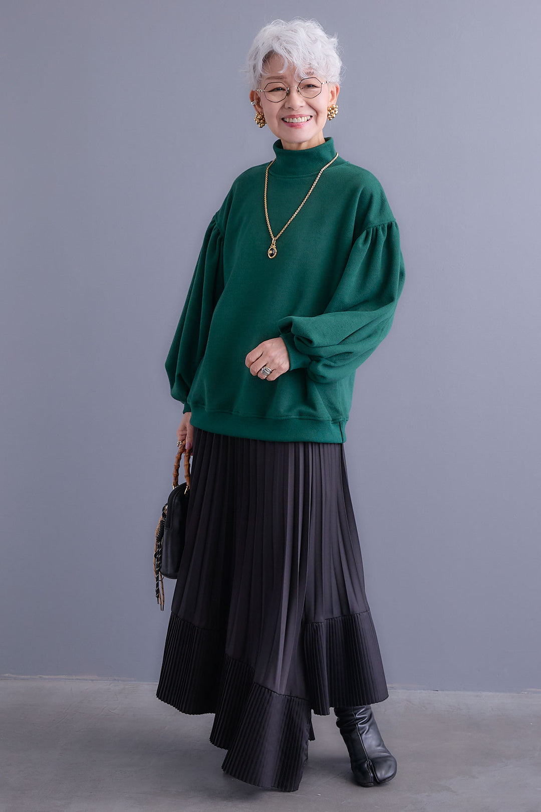 【SET】ボリュームスリーブモックネックプルオーバー+アシンメトリープリーツスカート(2set)