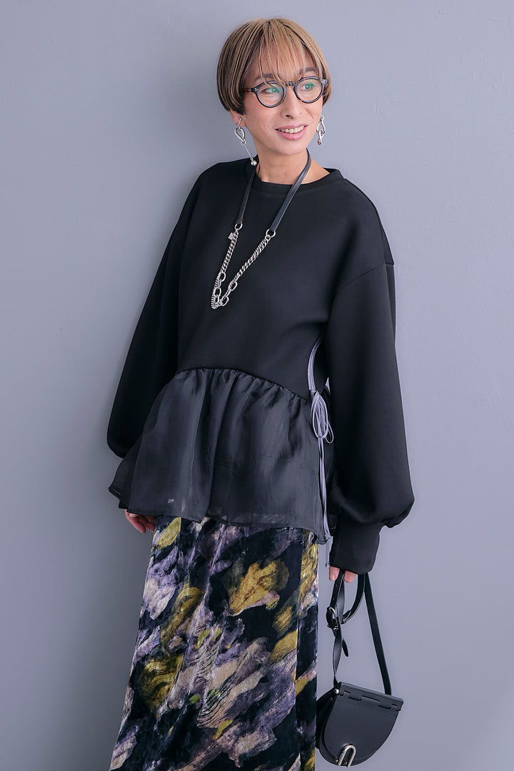 【SET】アシメペプラムオーガンジートップス+ベロアニュアンスアートスカート(2set)