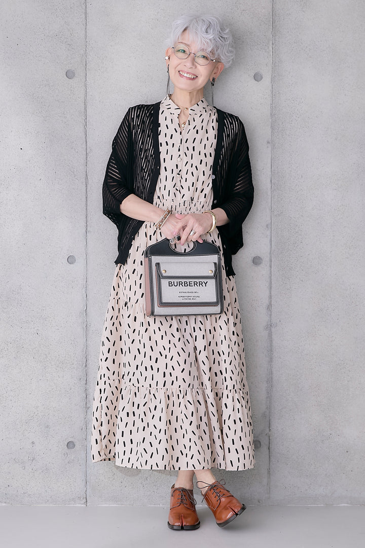 【SET】シアーストライプドルマンメッシュニットカーデ+接触冷感ドットスキッパーノースリーブワンピース(2set)