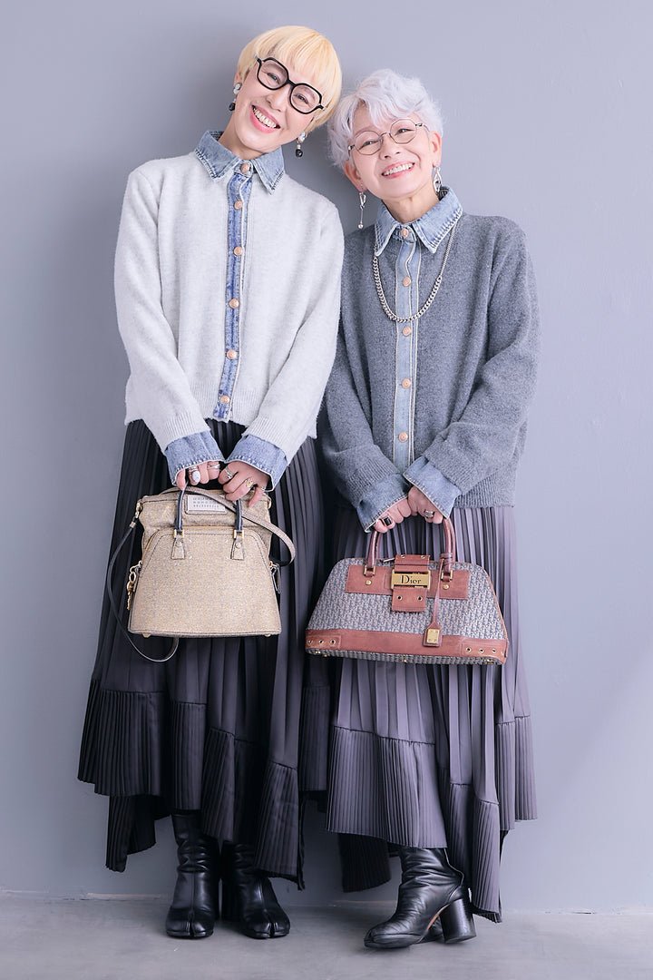 【SET】デニムコンビニットカーディガン+アシンメトリープリーツスカート(2set)