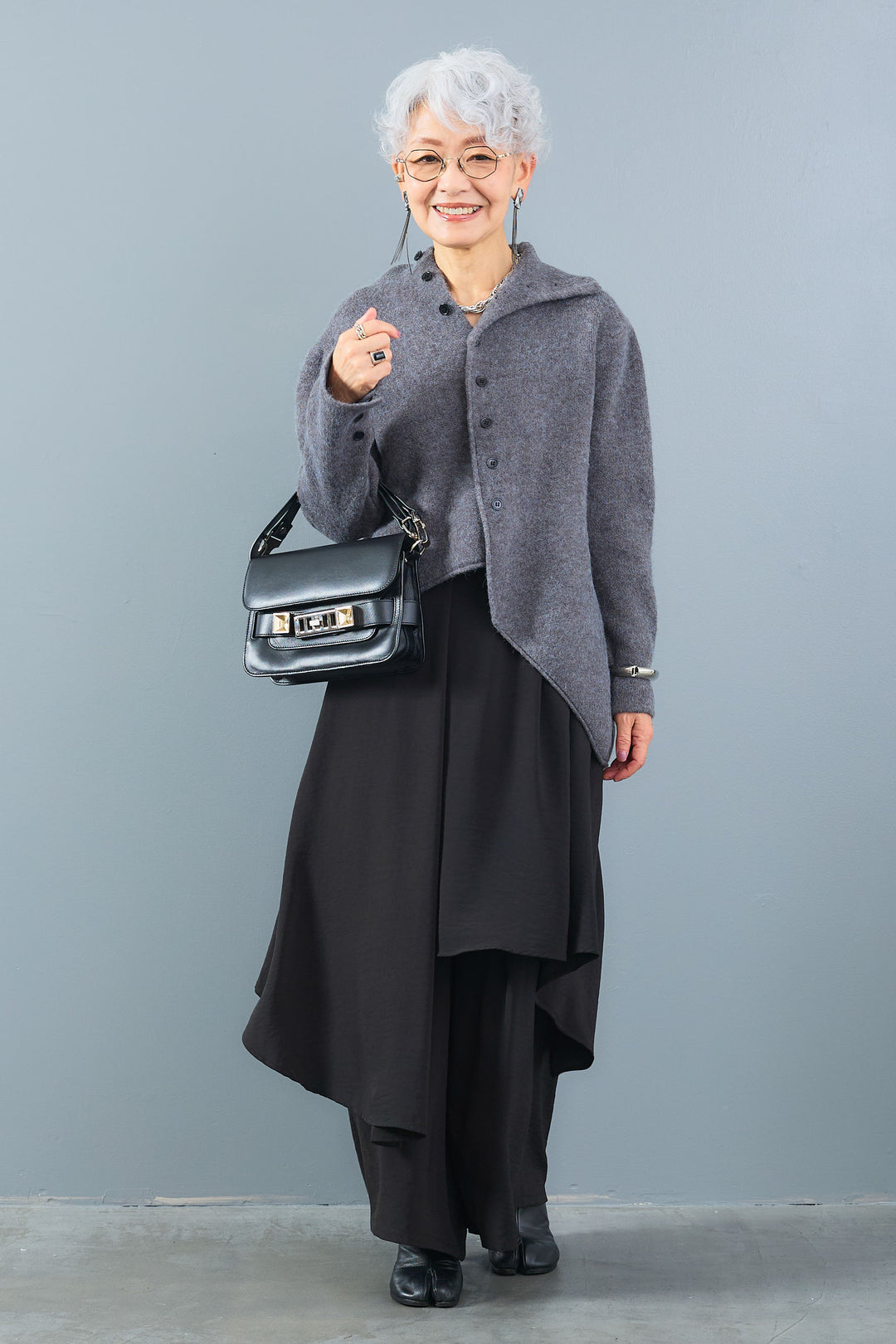 【SET】アシメハイネックボタンニット+アシメレイヤードワイドパンツ(2set)