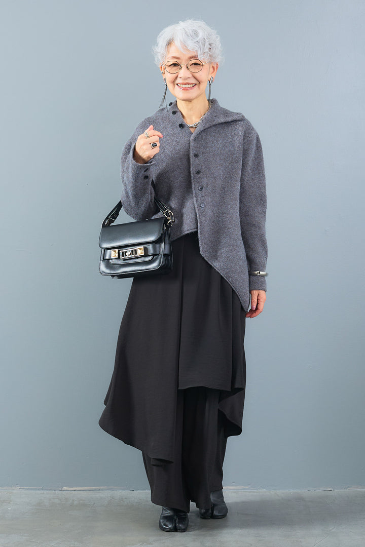 【SET】アシメハイネックボタンニット+アシメレイヤードワイドパンツ(2set)