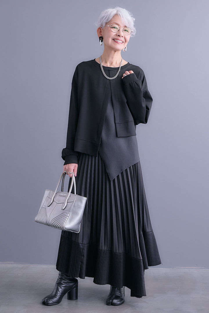 【SET】レイヤードデザインアシンメトリープルオーバー+アシンメトリープリーツスカート(2set)