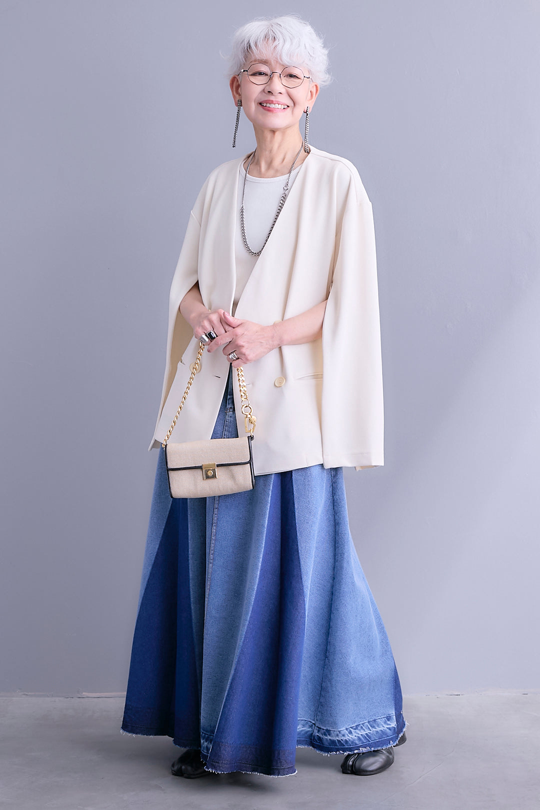 【SET】ZIPスリーブケープライク2WAYジャケット+プリーツタックデニムスカート(2set)