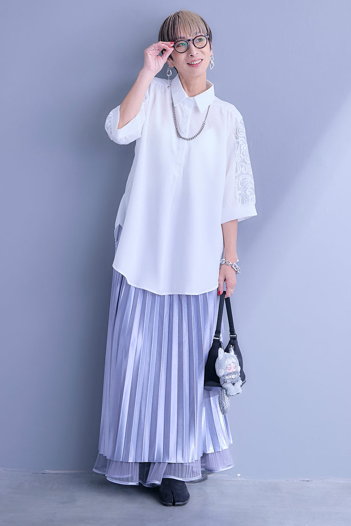 【SET】ショルダーレースラウンドカットシャツ+2WAYラメサテンプリーツ×シアーティアードチュールスカート(2set)