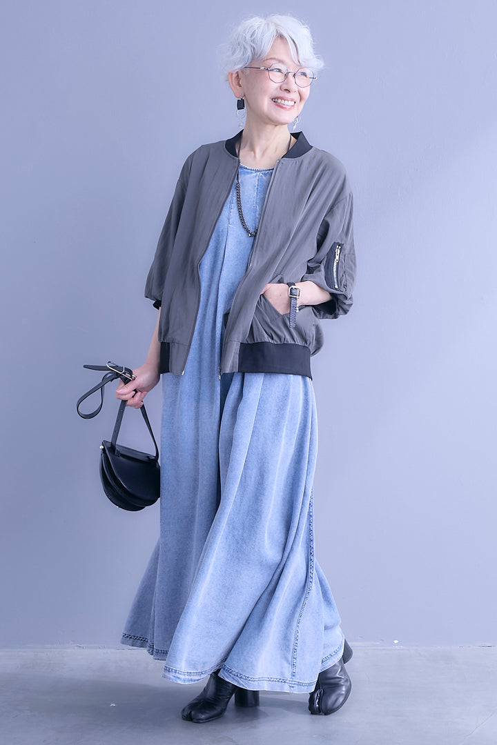 【SET】バルーンハーフスリーブMA-1ジャケット+パウダーシルクヴィンテージデニムワンピース(2set)