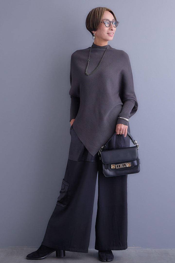 【SET】アシンメトリーオーバーニット+パテントデザインワイドパンツ(2set)