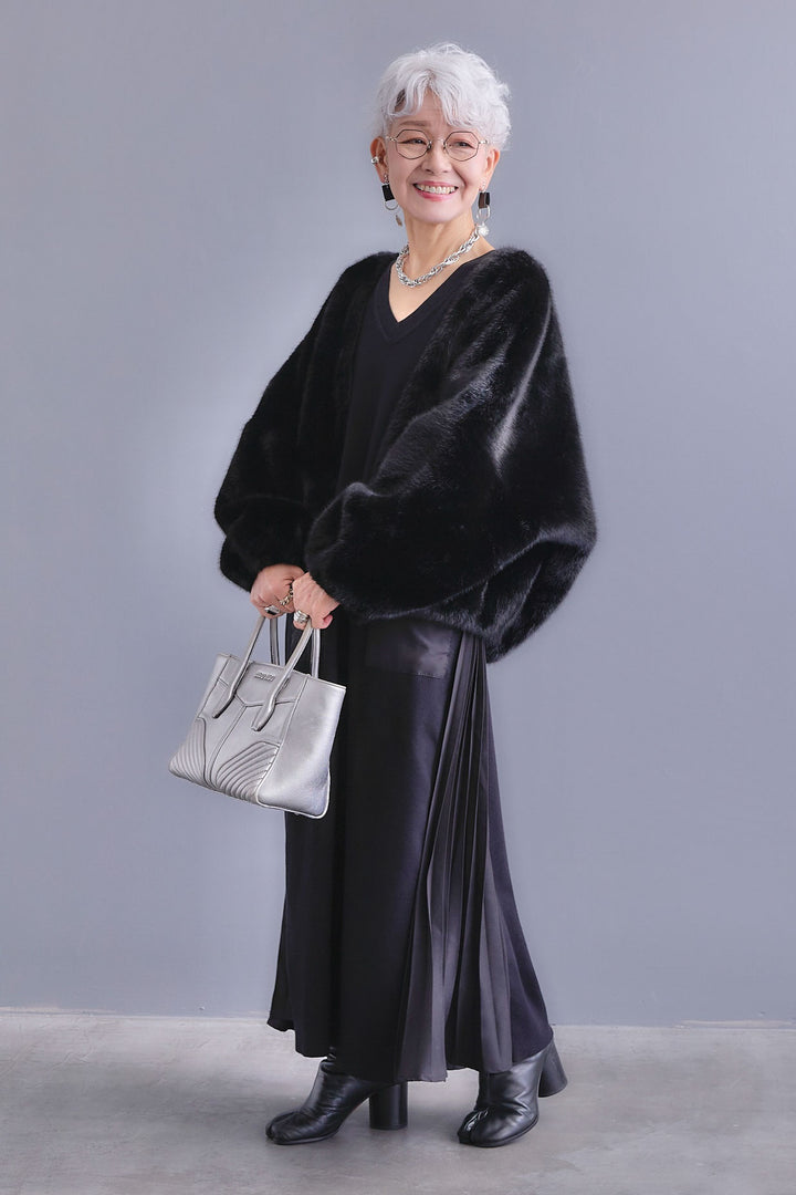 【SET】ZIPポケットサイドプリーツニットワンピース+ノーカラーラウンドシルエットファーコート(2set)