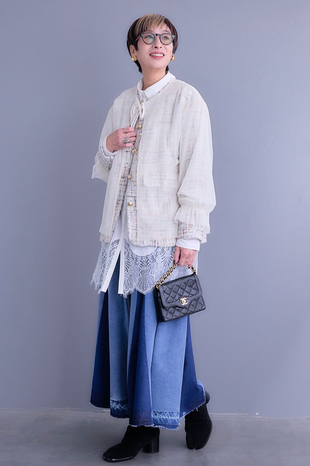 【SET】ツイード×チュールレイヤードノーカラージャケット+ヘムレースロングシャツ+プリーツタックデニムスカート(3set)