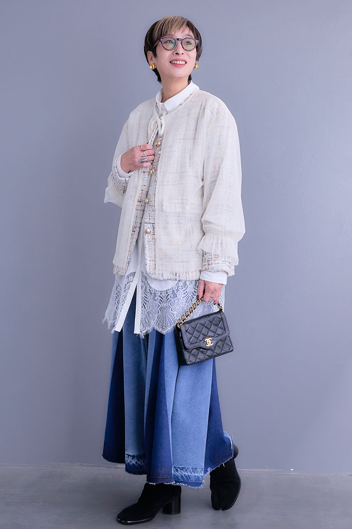 【SET】ツイード×チュールレイヤードノーカラージャケット+ヘムレースロングシャツ+プリーツタックデニムスカート(3set)