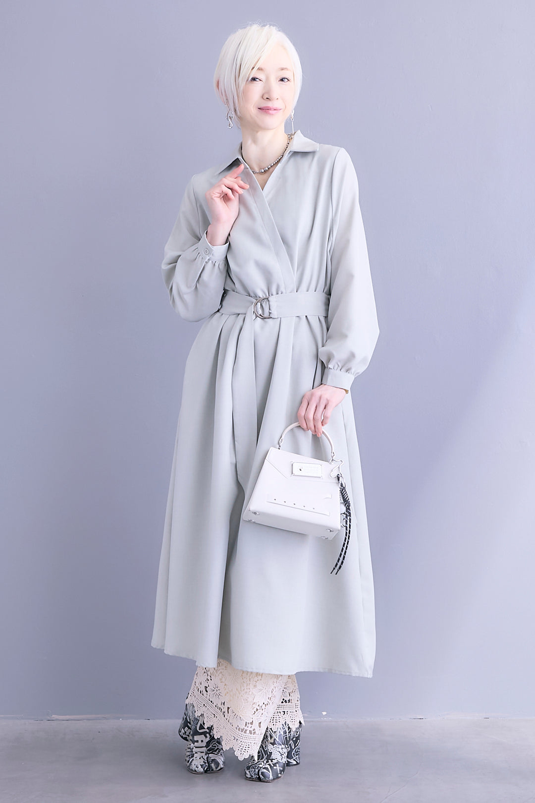 【SET】スキッパーカシュクールシャツワンピース+ケミカルレースパンツ(2set)
