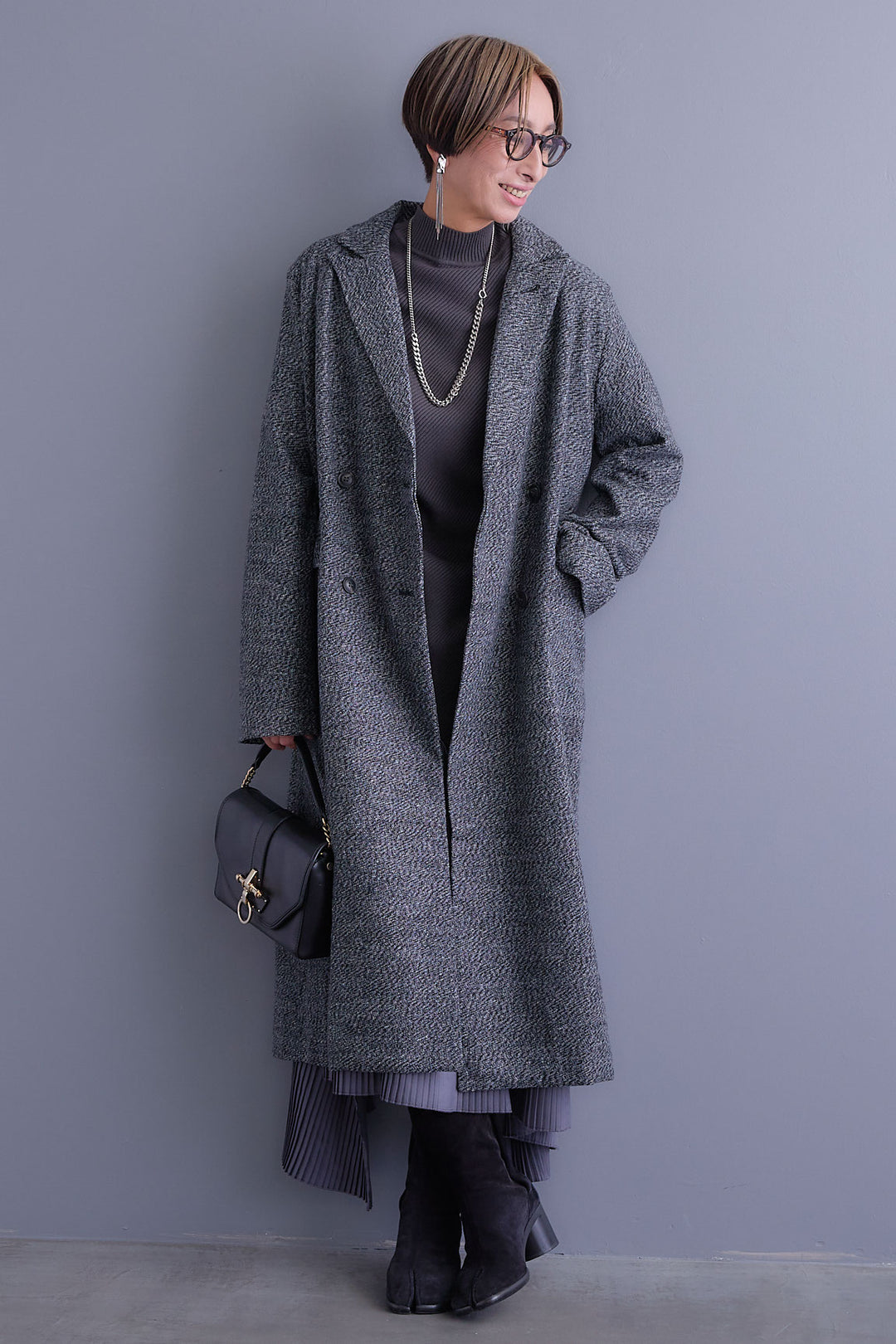 【SET】アシンメトリーオーバーニット+ツイードロングチェスターコート+アシンメトリープリーツスカート(3set)
