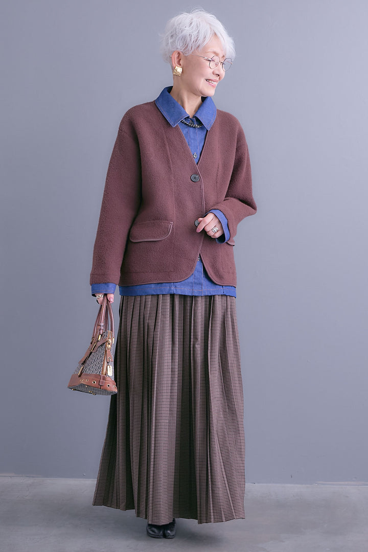 【SET】デニムレイヤードデザインカーディガン+グレンチェックプリーツスカート(2set)