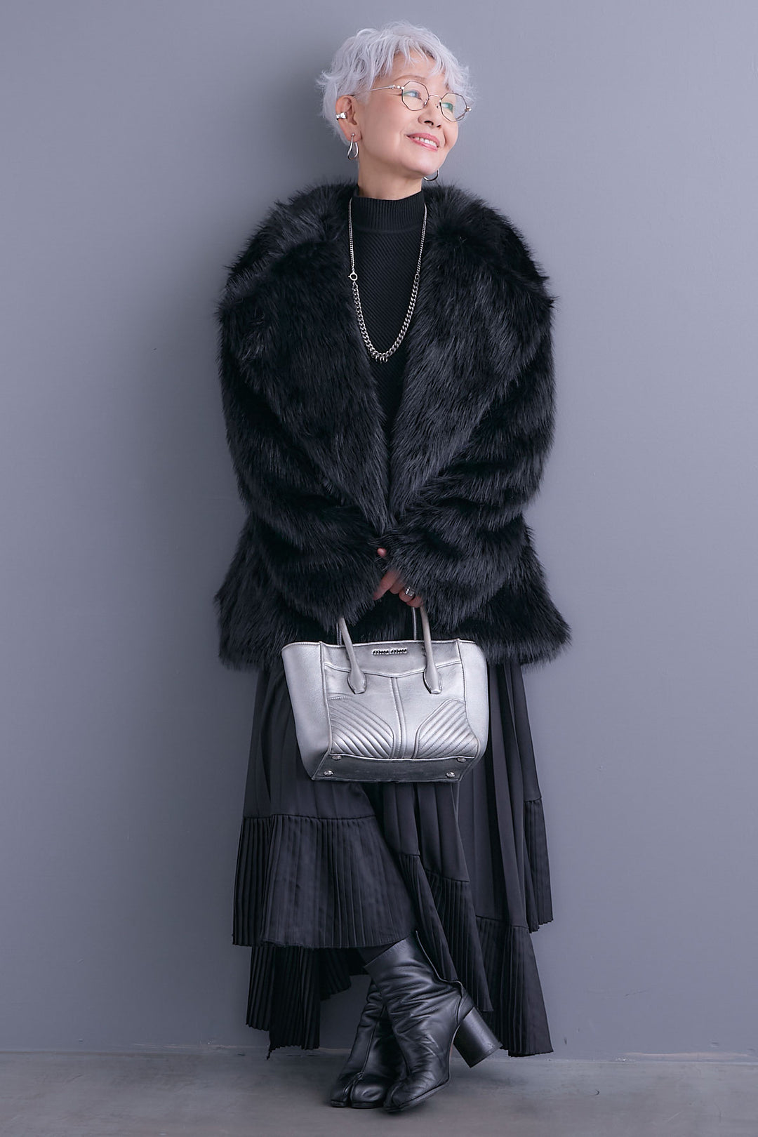 【SET】アシンメトリーオーバーニット+テーラードカラーファーコート+アシンメトリープリーツスカート(3set)