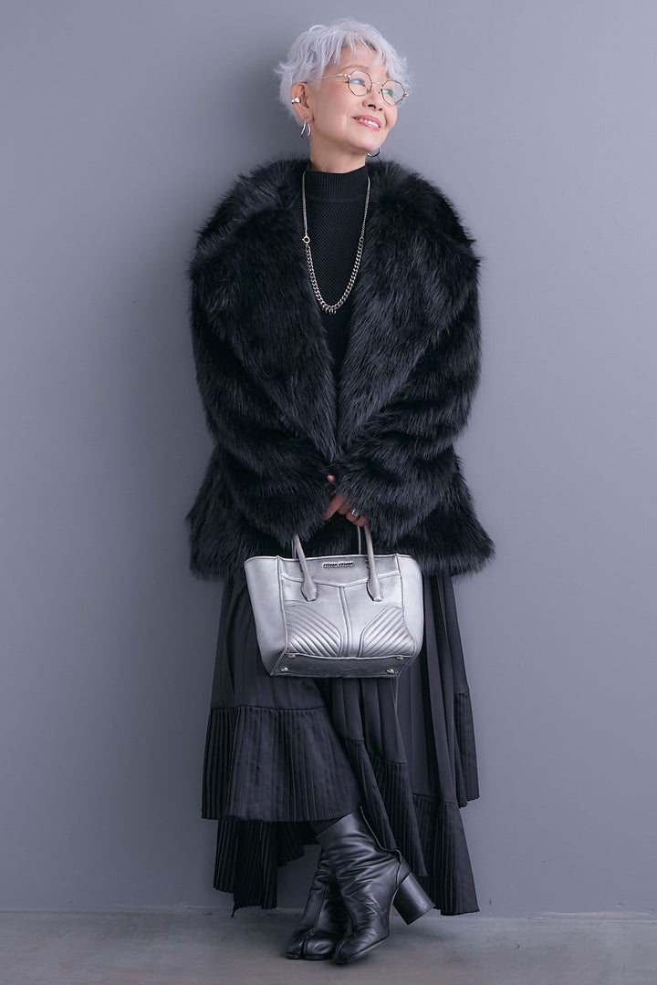 【SET】アシンメトリーオーバーニット+テーラードカラーファーコート+アシンメトリープリーツスカート(3set)