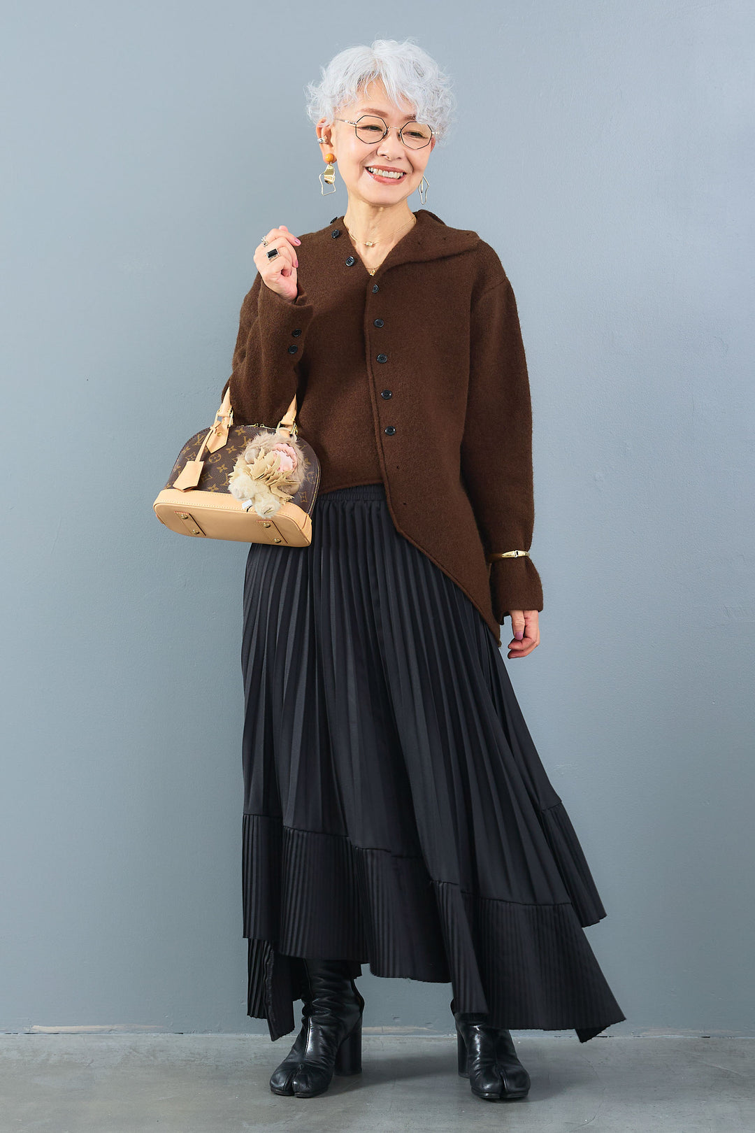 【SET】アシメハイネックボタンニット+アシンメトリープリーツスカート(2set)