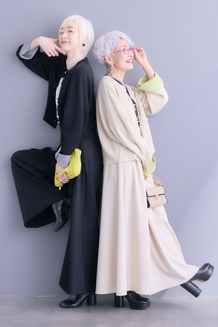 【SET】麻タッチインナーバイカラーカーデ+"CREAT"オーバースリットT+ベルトタックデザインロングスカート(3set)