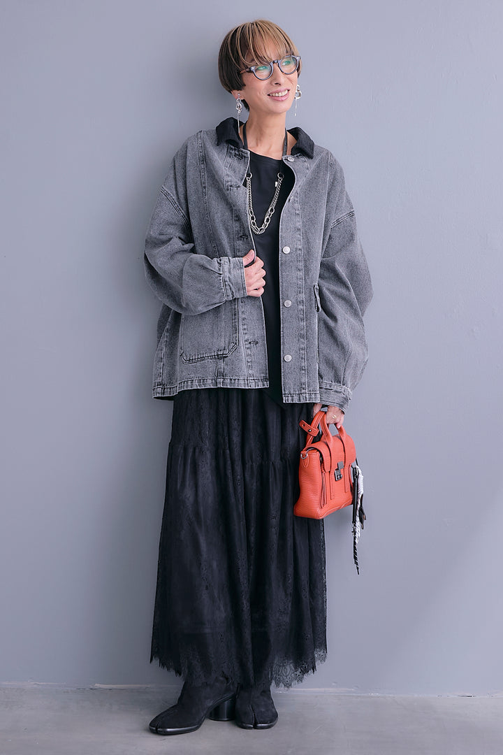 【SET】コーデュロイカラー10ozデニムジャケット+アシンメトリーロンT+アイラッシュレースロングスカート(3set)