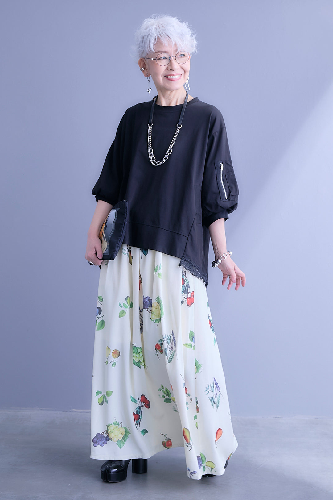 【SET】MA-1ヘムレースバルーンスリーブトップス+フルーツアートプリントフレアスカート(2set)