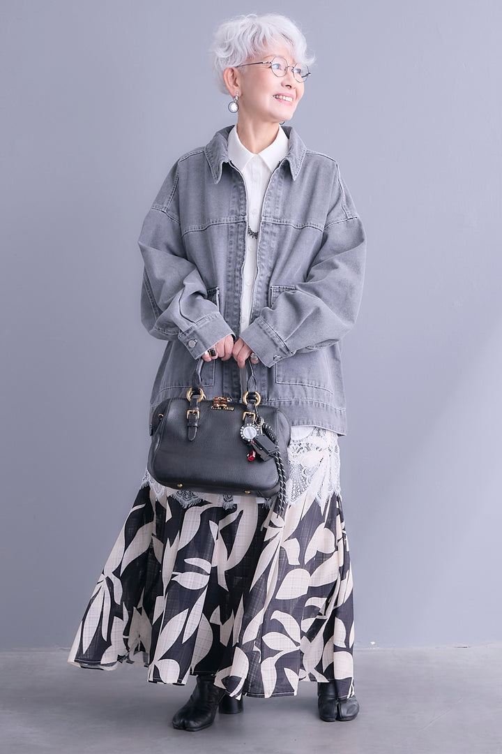 【SET】ジップアップデニムブルゾン+ヘムレースロングシャツ+リーフアートフレアスカート(3set)