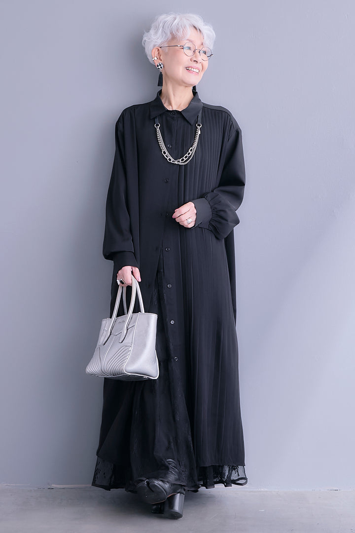 【SET】アシンメトリープリーツシャツワンピース+レースティアードスカート(2set)