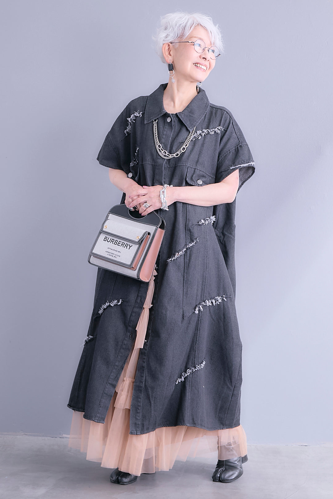 【SET】ダメージデニムシャツワンピース+タッセルチュールティアードスカート(2set)